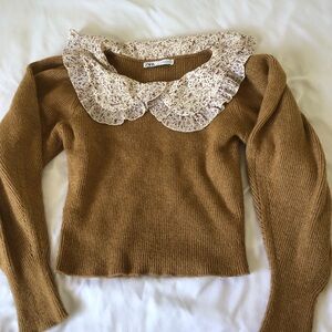 Zara Tan Sweater with Floral Collar